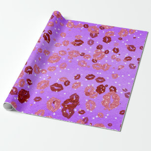Presente Beijos vermelhos e rosa em papel de embalagem roxo