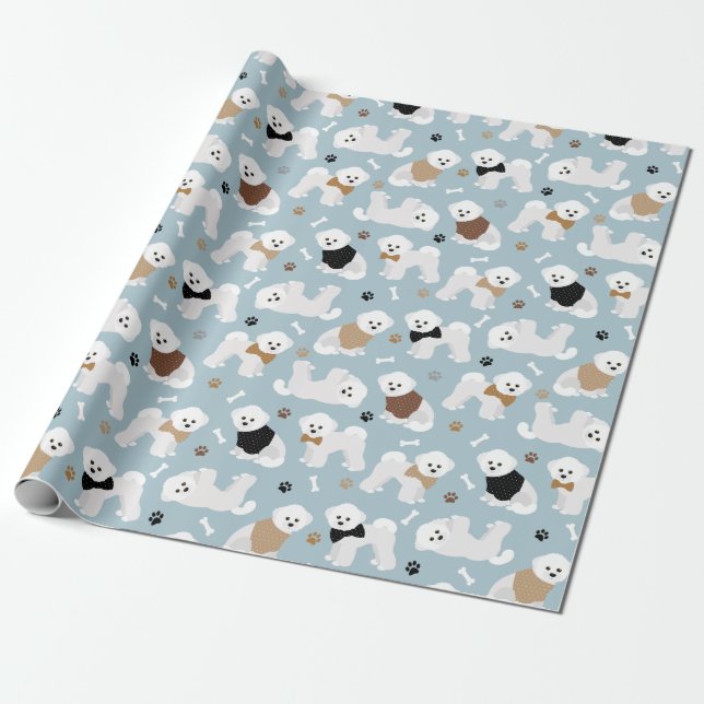 Presente Bones do Bichon Frise e Papel Azul de Moldagem (Desenrolado)