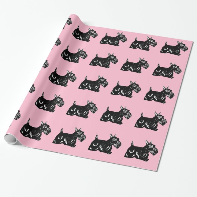 Presente Cães Scottie com Papel de Moldagem Rosa (Desenrolado)