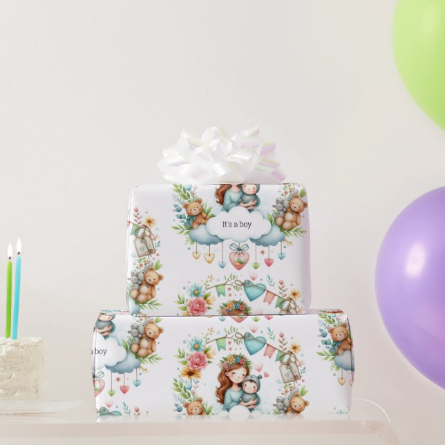 Presente Chá de fraldas É um papel de enrolar azul-menino (Presentes para festas)