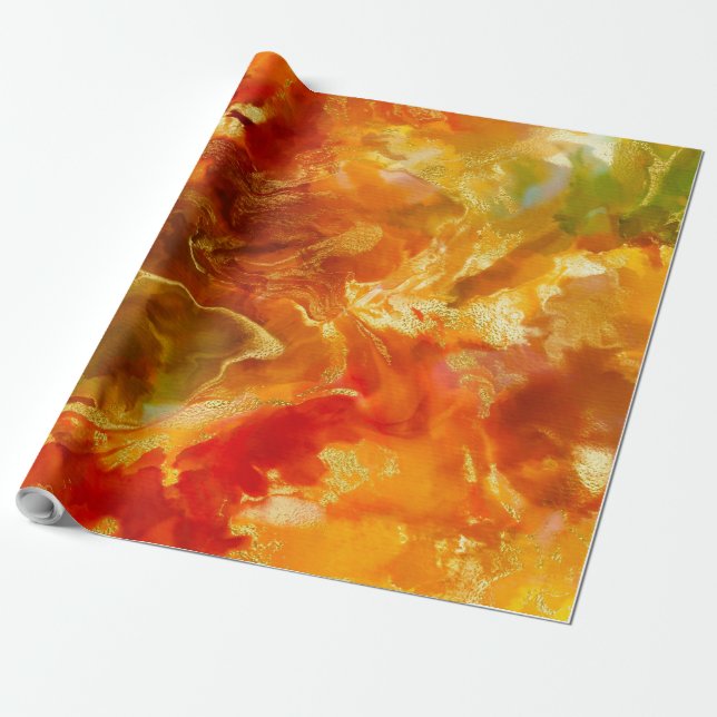Presente Cor de laranja vermelho mármico, ouro, papel de em (Desenrolado)