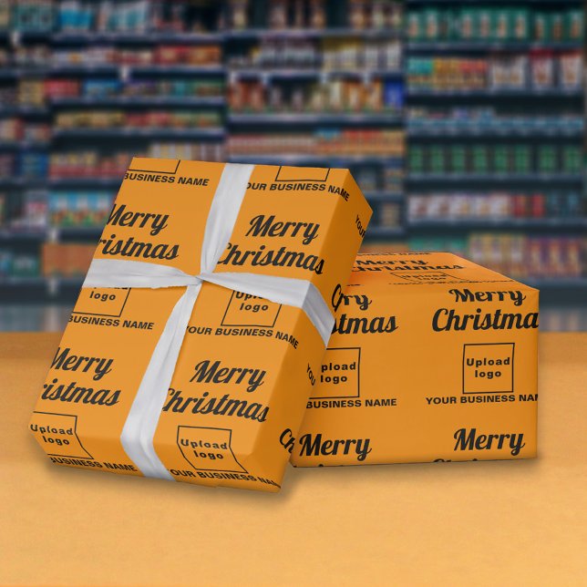 Presente Cor Laranja | Padrão | Papel de moldagem de Natal (Business name and logo with Merry Christmas greeting on orange color wrapping paper)