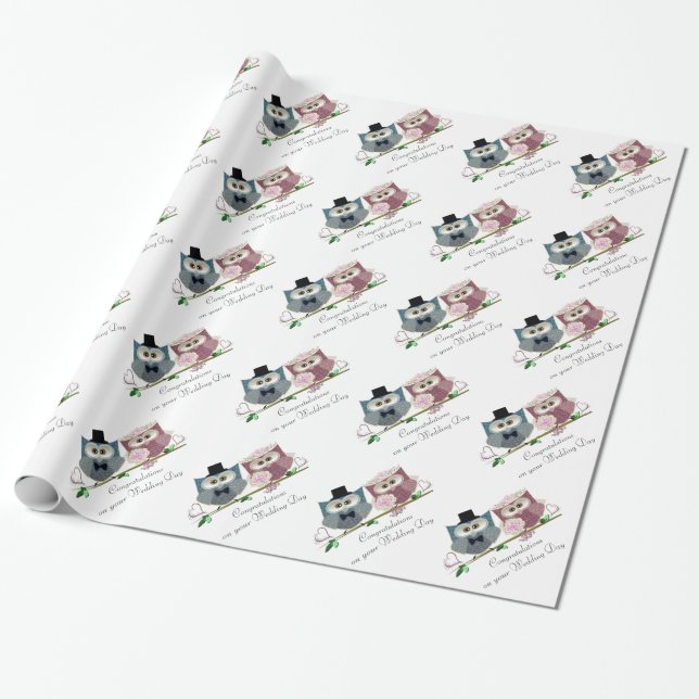 Presente Corujas de Casamento Bonitas Papel de Parabéns (Desenrolado)