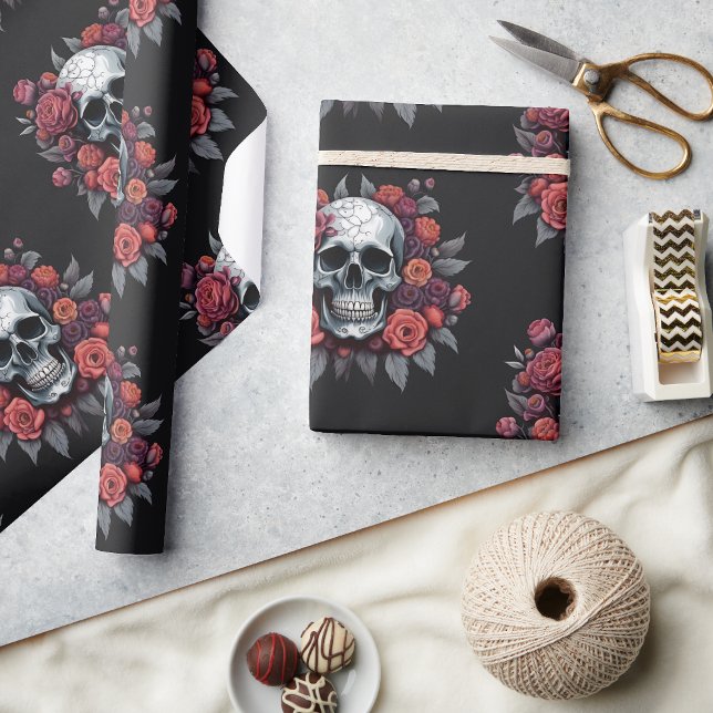 Presente Crânio com Rosa de papel de enrolamento do Dia das (🌹 Elegance in Darkness: Gothic Halloween Wrapping Paper! 👻)