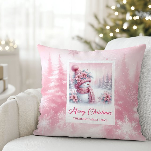 Presente de Almofada Cena de Natal Homem de Neve R (Charming Pink Snowman Christmas Scene Pillow Gift)