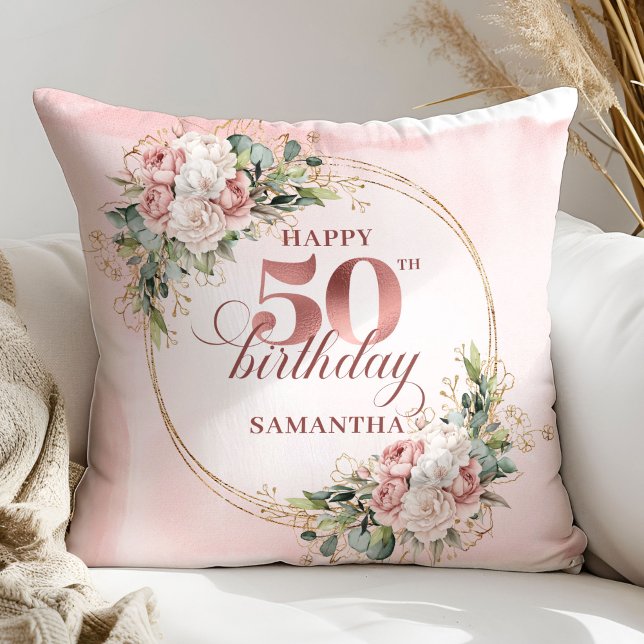 Presente de Almofada de Aniversário de 50 anos Blu (Blush Floral Rose Gold 50th Birthday Pillow Gift)
