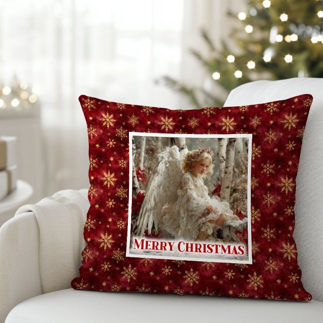 Presente de Almofada de Natal Vermelho Dourado Ang (Cozy Angelic Red Gold Christmas Pillow Gift)