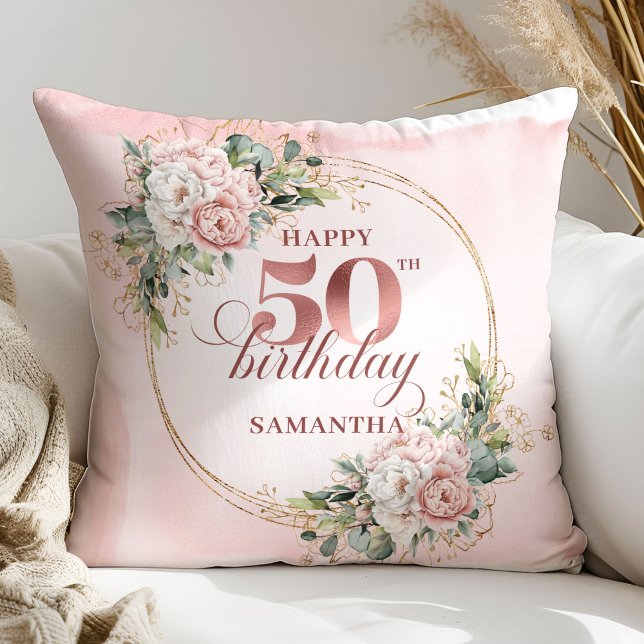 Presente de Almofada Elegante com Flores Rosadas e (Elegant Blush Floral Greenery 50th Pillow Gift)