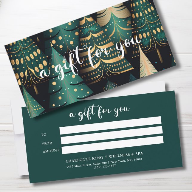PRESENTE DE CERTIFICADO DE NEGÓCIOS DE ÁRVORE DE N (Salon, Christmas-Tree-Green-Gold- Script Font, Elegant, Festive, Business Gift Certificate "A gift f)