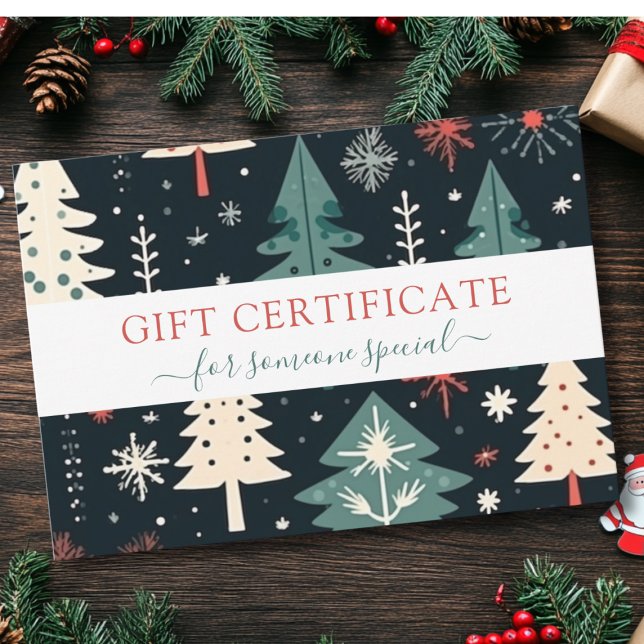 PRESENTE DE CERTIFICADO DE NEGÓCIOS DE ÁRVORE DE N (Modern, Christmas Trees -Green, Beige, Red, Black- Pattern, Salon, Business, Gift Certificate.)