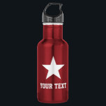 Presente de garrafa de água para esportes com logo<br><div class="desc">Uma garrafa de água para esportes com logotipo de estrela personalizada. Cor metálica de aço inoxidável vermelho e branco. Ideia de presente esportivo para treinadores, jogadores, colegas de equipe e fãs de esportes. design de tipografia moderna com nome personalizado, citação engraçada, slogan ou monograma. Crie o seu único frasco de...</div>
