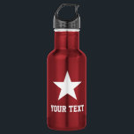 Presente de garrafa de água para esportes com logo<br><div class="desc">Uma garrafa de água para esportes com logotipo de estrela personalizada. Cor metálica de aço inoxidável vermelho e branco. Ideia de presente esportivo para treinadores, jogadores, colegas de equipe e fãs de esportes. design de tipografia moderna com nome personalizado, citação engraçada, slogan ou monograma. Crie o seu único frasco de...</div>