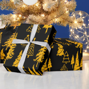 Presente Dourado em Papel de Embalagem de Árvores de Natal 