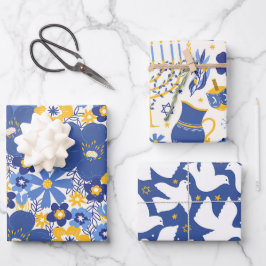 Presente Elegante de Hanukkah Padrão Amarelo e Azu