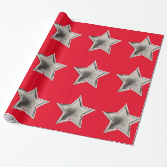 Presente Estrelas de Prata no Papel de Enrolamento Vermelho (Desenrolado)