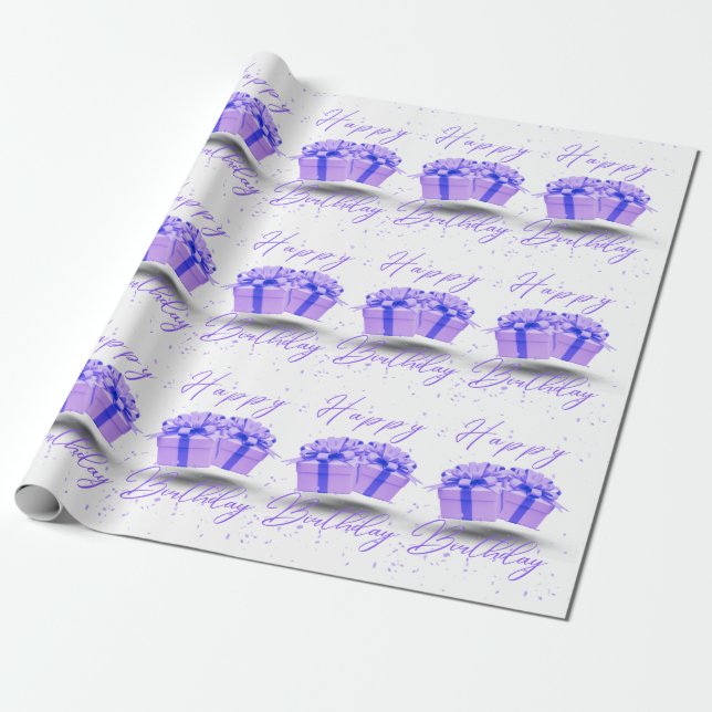 Presente Feliz Aniversário, Bonito Papel de Quebra Roxo (Desenrolado)
