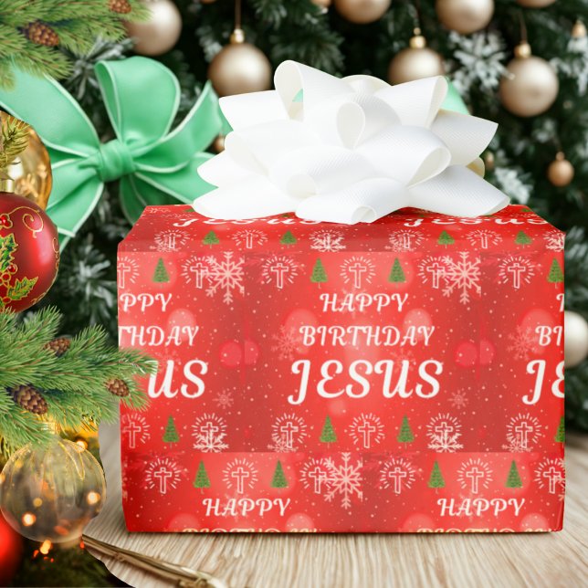 Presente Feliz Aniversário Jesus Papel de embrulho, Natal (Jesus wrapping paper. Christian wrapping paper roll. Christian themed Christmas wrapping paper.)