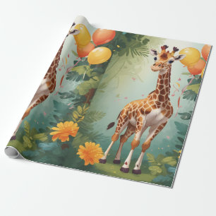 Presente Feliz Girafa e presentes na selva   Papel de enrol