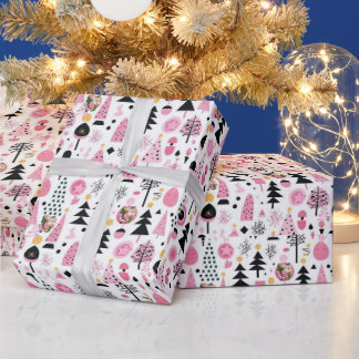 Presente Feliz Natal Árvores Rosa Papai Noel Papel de Embru