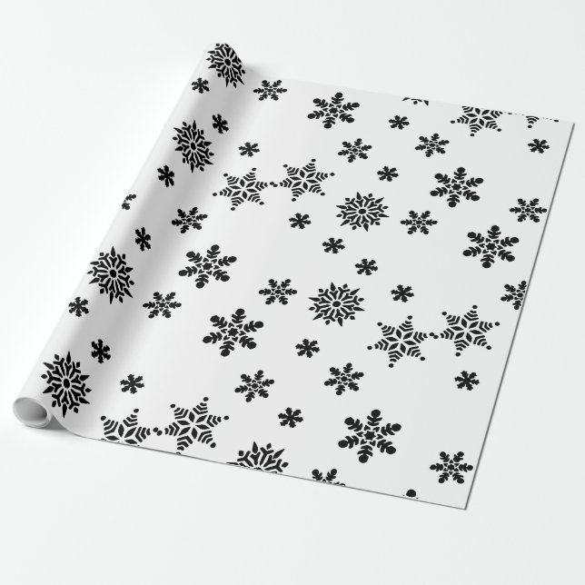 Presente Flocos de neve brancos e pretos Papel de embrulham (Desenrolado)