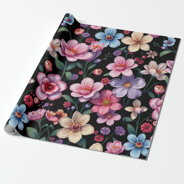 Presente Floral no papel de enrolamento preto (Desenrolado)