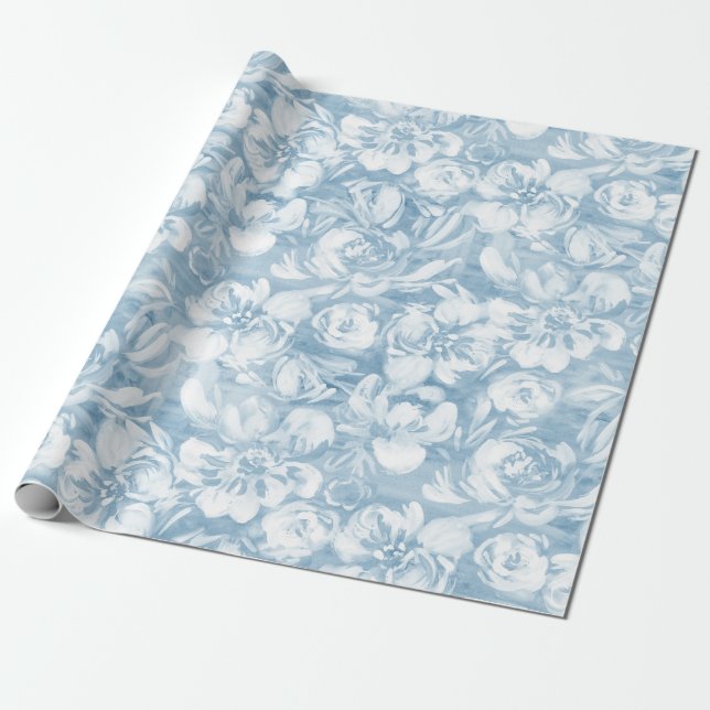 Presente Flores brancas pintadas em papel de embalagem azul (Desenrolado)
