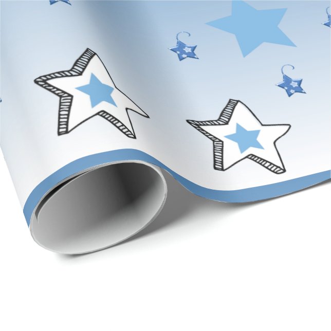 Presente Folha de Natal Feliz Azul Estrelas Molhando Papel (Ponta do rolo)