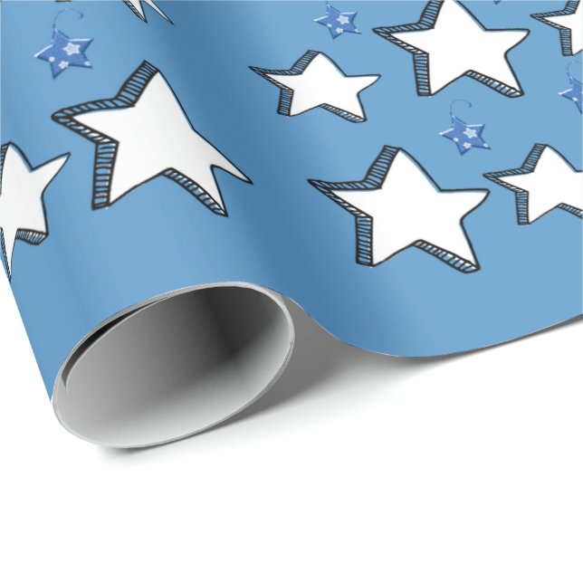 Presente Folha de Natal Feliz Azul Estrelas Molhando Papel (Ponta do rolo)