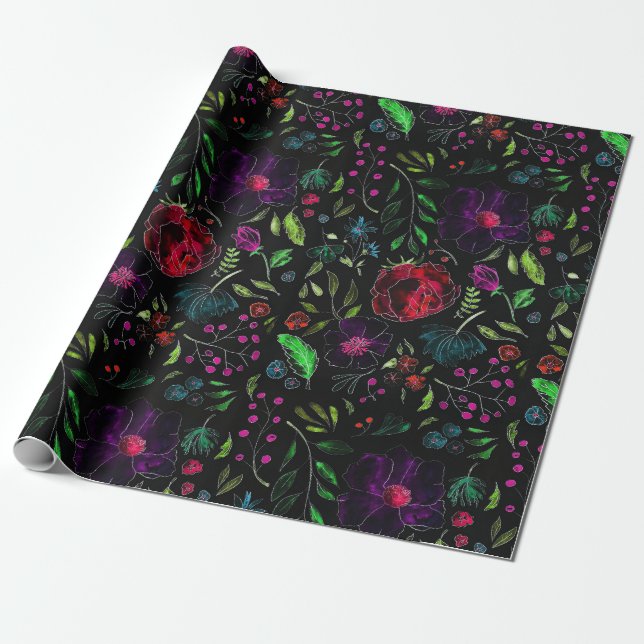 PRESENTE FOLHAS DE PAPEL DE EMBALAGEM FLORAL BOTÂNICA ESCUR (Desenrolado)