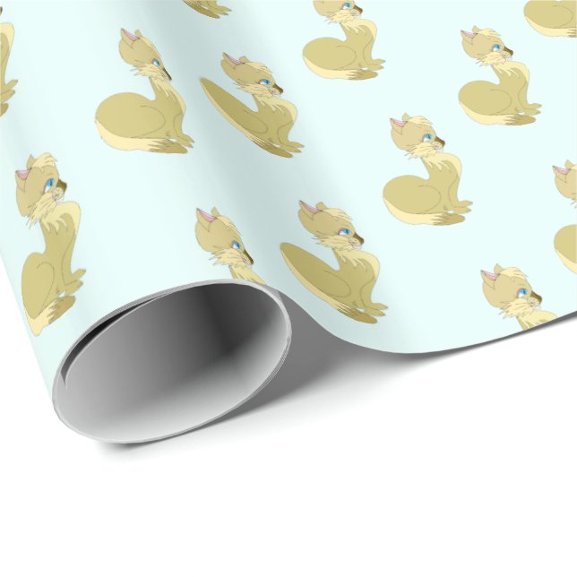 Presente Gato Amarelo com Papel de Embalagem de Olhos Azuis (Ponta do rolo)