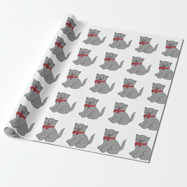 Presente Gato cinzento com papel de envolvimento vermelho (Desenrolado)
