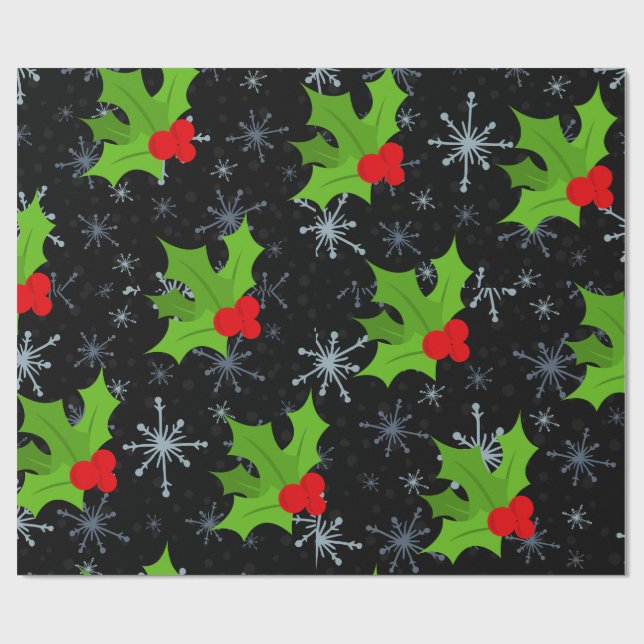 Presente Holly Leaves, Red Berries, Papel de Molho de Neve (Aberto)