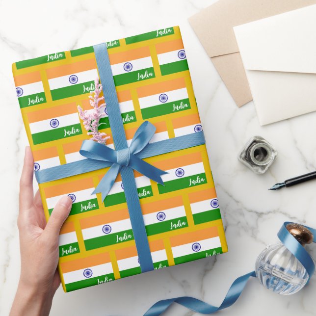 Presente Índia: Papel de Embalagem, Bandeira Indiana Dourad (Presentear)