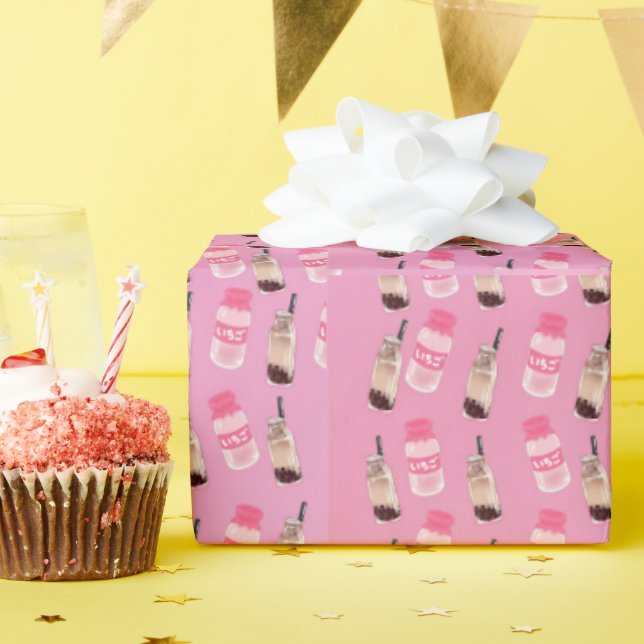 Presente Kawaii boba tea e morango papel de embalagem (Festa de aniversário)