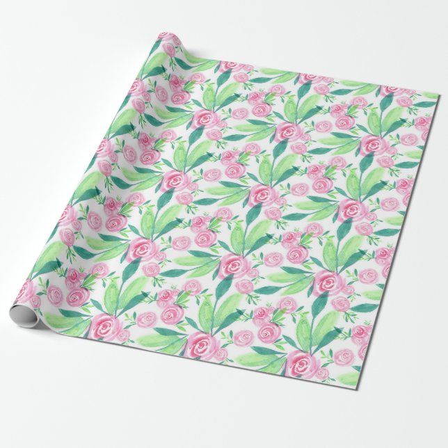 Presente La Rosa Watercolor Papel de Embalagem Botânica Flo (Desenrolado)
