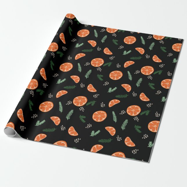 Presente Laranjas no papel de moldagem de Natal preto (Desenrolado)