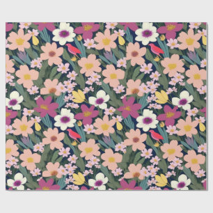 Presente Lindas flores coloridas e pássaros Papel de ondula