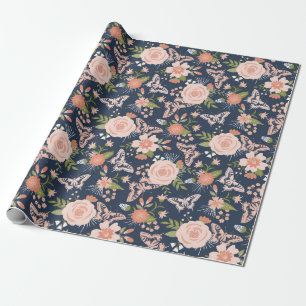 Presente Marinho Azul e Papel de Embalagem Floral Botânica