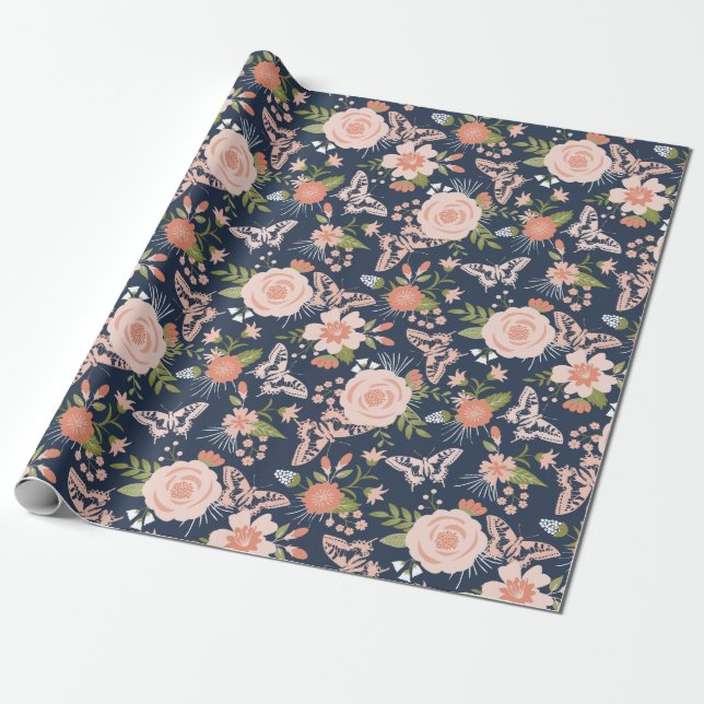 Presente Marinho Azul e Papel de Embalagem Floral Botânica  (Desenrolado)