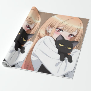 Presente Menina Anime Fofa Abraçando Gato Preto Papel de Pr