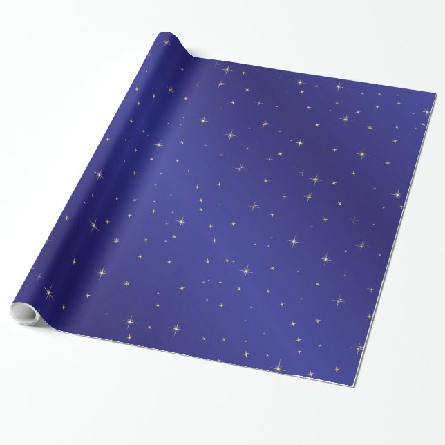 Presente O ouro Stars o papel de envolvimento do céu azul (Desenrolado)