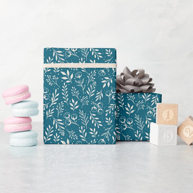 Presente Padrão Botânico Azul Escuro - Roll de Papel Embala (Chá de bebê)