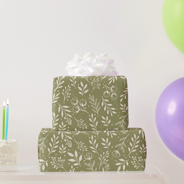 Presente Padrão Botânico Papel de Molho Verde Oleícola (Presentes para festas)