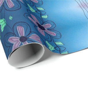 Presente Papel Azul De Embalagem Com Flores Roxas