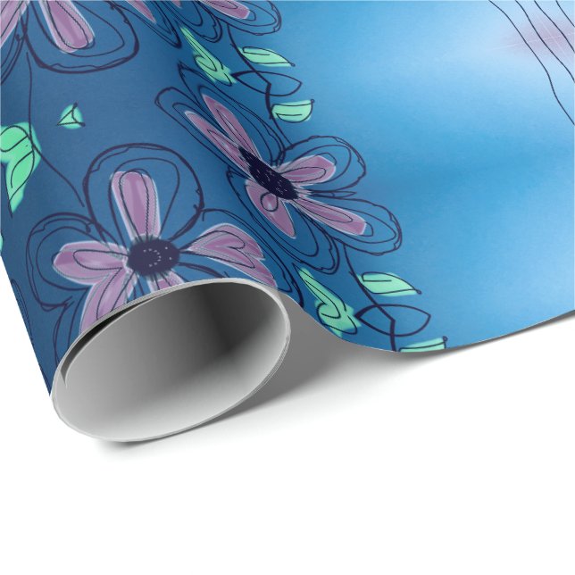 Presente Papel Azul De Embalagem Com Flores Roxas (Ponta do rolo)