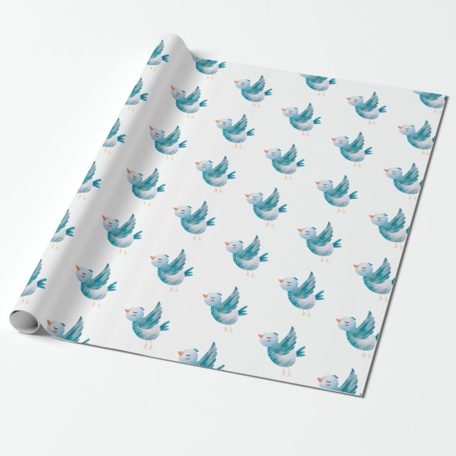 Presente Papel Azul De Embalagem De Pássaros (Desenrolado)