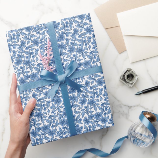 Presente Papel Azul De Embalagem Floral (Presentear)