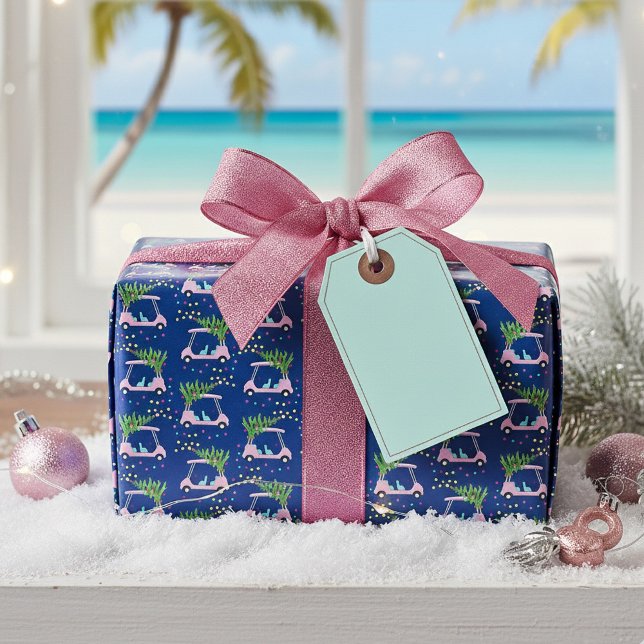 Presente Papel Azul de Moldagem Azul de Árvore de Natal de  (Pink Golf Cart with a Christmas Tree on top wrapping paper.)