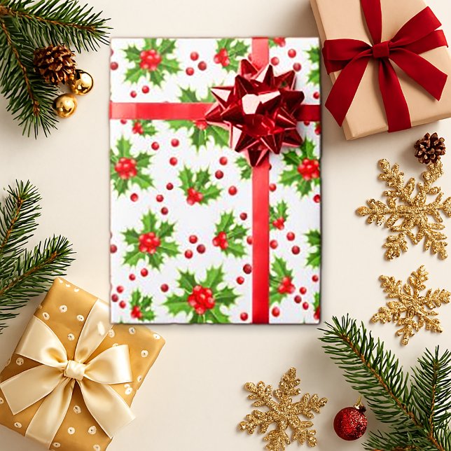 Presente Papel Clássico Vermelho Holly de Natal Floral (Criador carregado)