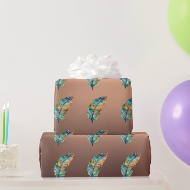 Presente Papel de Cor de Cobre Brilhante Laranja Penas Verd (Presentes para festas)